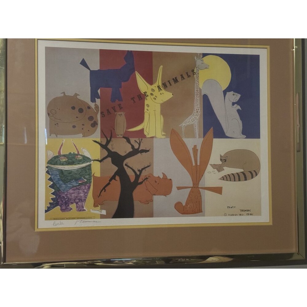 Vtg "Save The Animals" Framed Art By Renee duPlessis & Truman 1981 Esplanade Ave